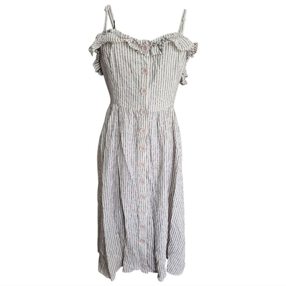 NWT French Connection Button Midi Dress Sz 8 Striped Adj. Spaghetti Straps Fit&F - Picture 1 of 9